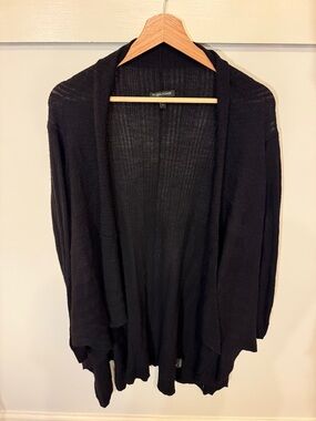 Eileen Fisher Cardigan Black Merino Wool Silk Drape Open Front Lightweight Large